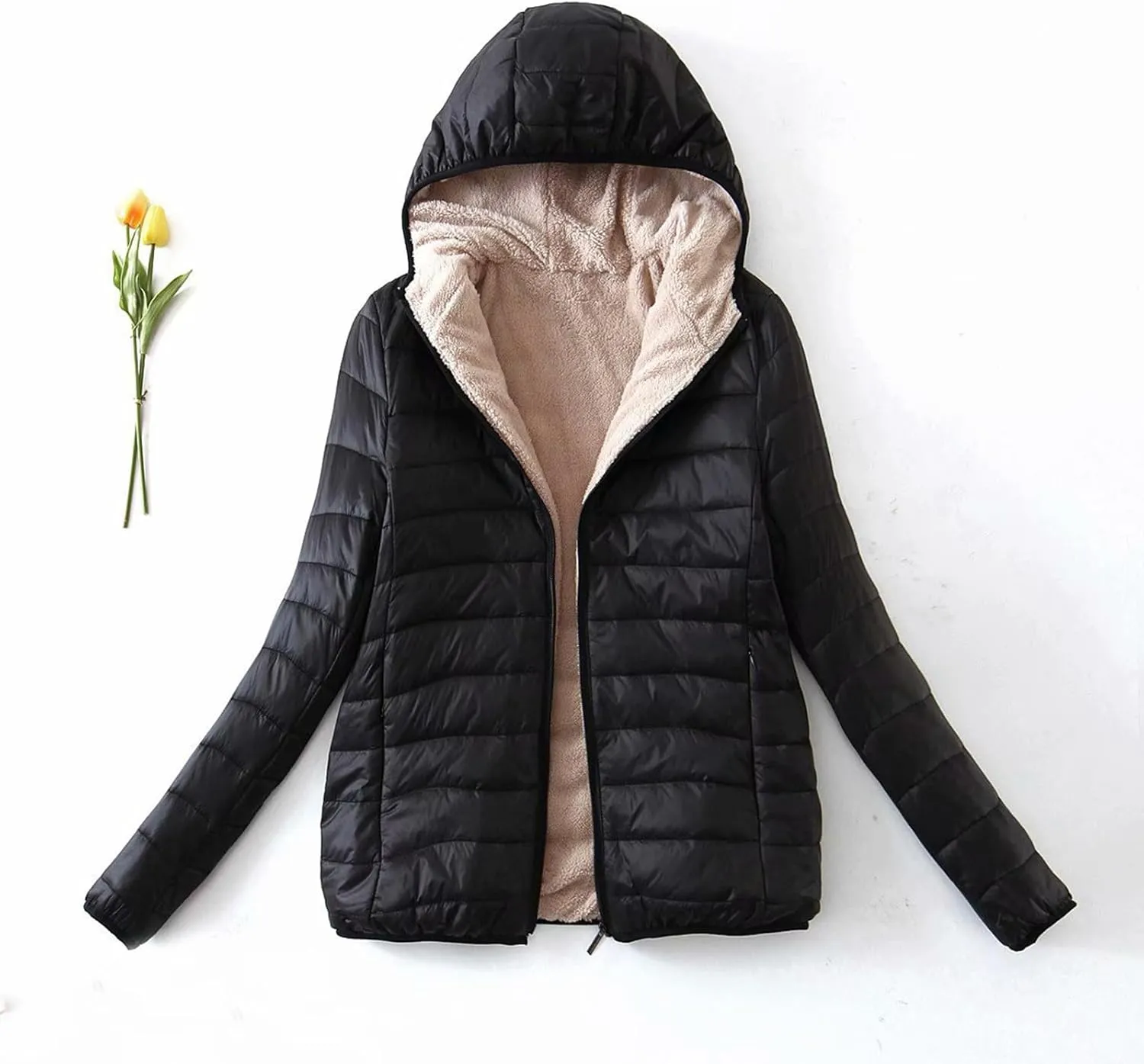 Uillui Sherpa Lined Down Coat for Women Padded Cotton Coat Warm Winter Fuzzy Fleece Puffer Jacket Hooded Quilted Snow Jacket