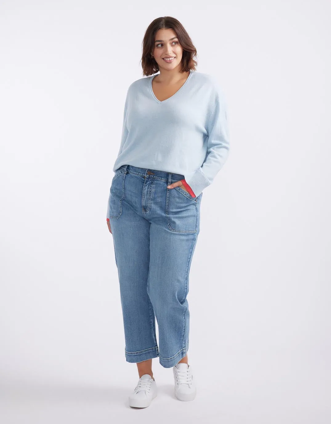 Upstate Wool Cashmere Double Cuff Knit Jumper - Ice Blue/Melon