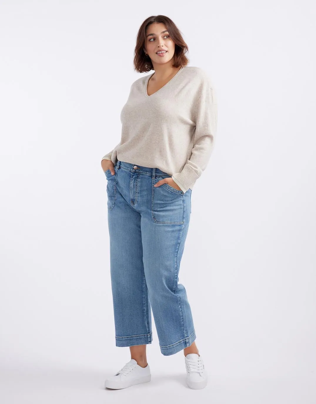 Upstate Wool Cashmere Double Cuff Knit Jumper - Oat/White