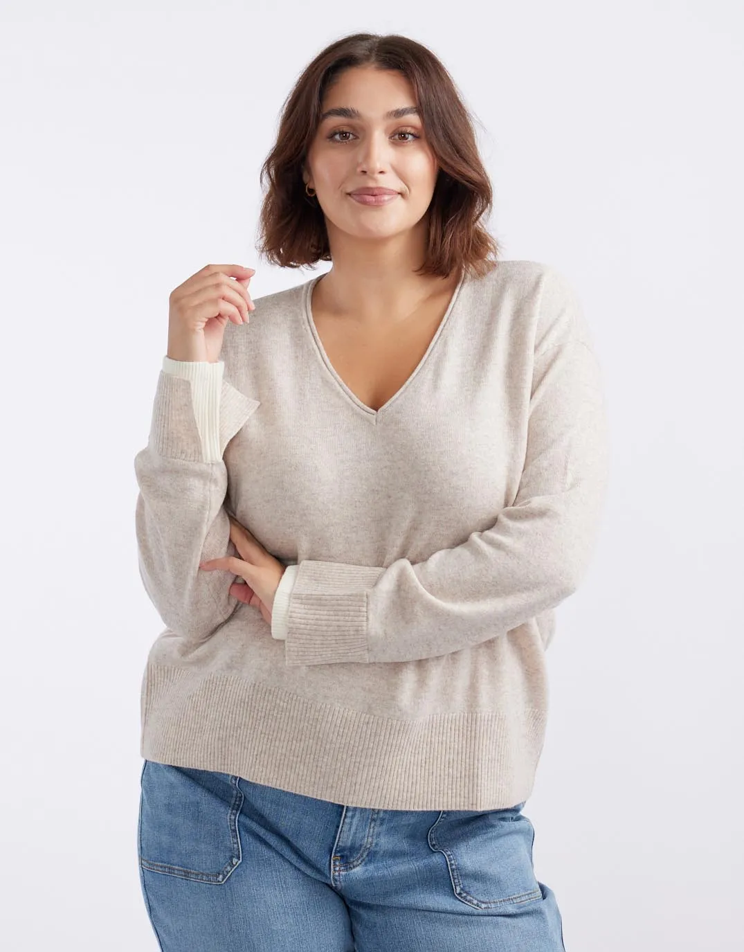 Upstate Wool Cashmere Double Cuff Knit Jumper - Oat/White
