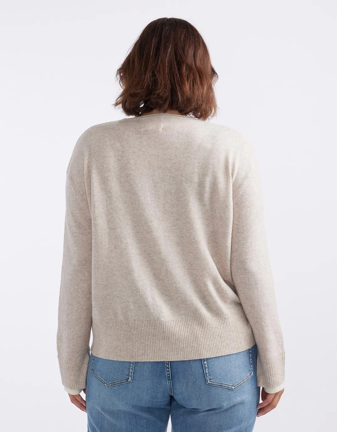 Upstate Wool Cashmere Double Cuff Knit Jumper - Oat/White