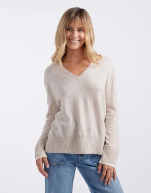 Upstate Wool Cashmere Double Cuff Knit Jumper - Oat/White