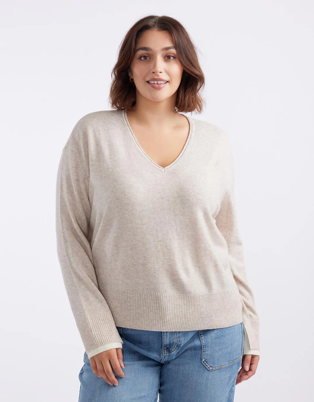 Upstate Wool Cashmere Double Cuff Knit Jumper - Oat/White