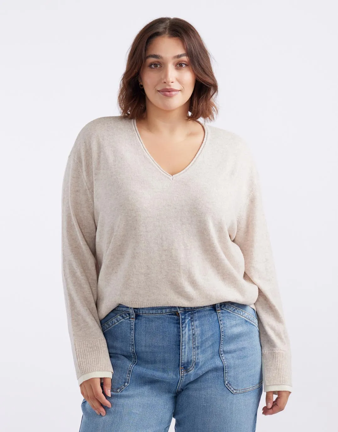 Upstate Wool Cashmere Double Cuff Knit Jumper - Oat/White