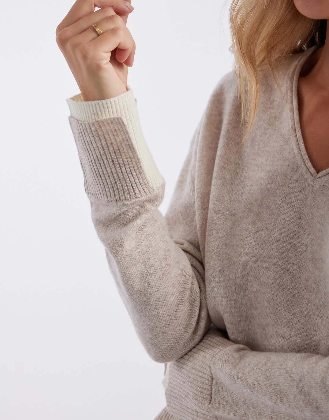 Upstate Wool Cashmere Double Cuff Knit Jumper - Oat/White