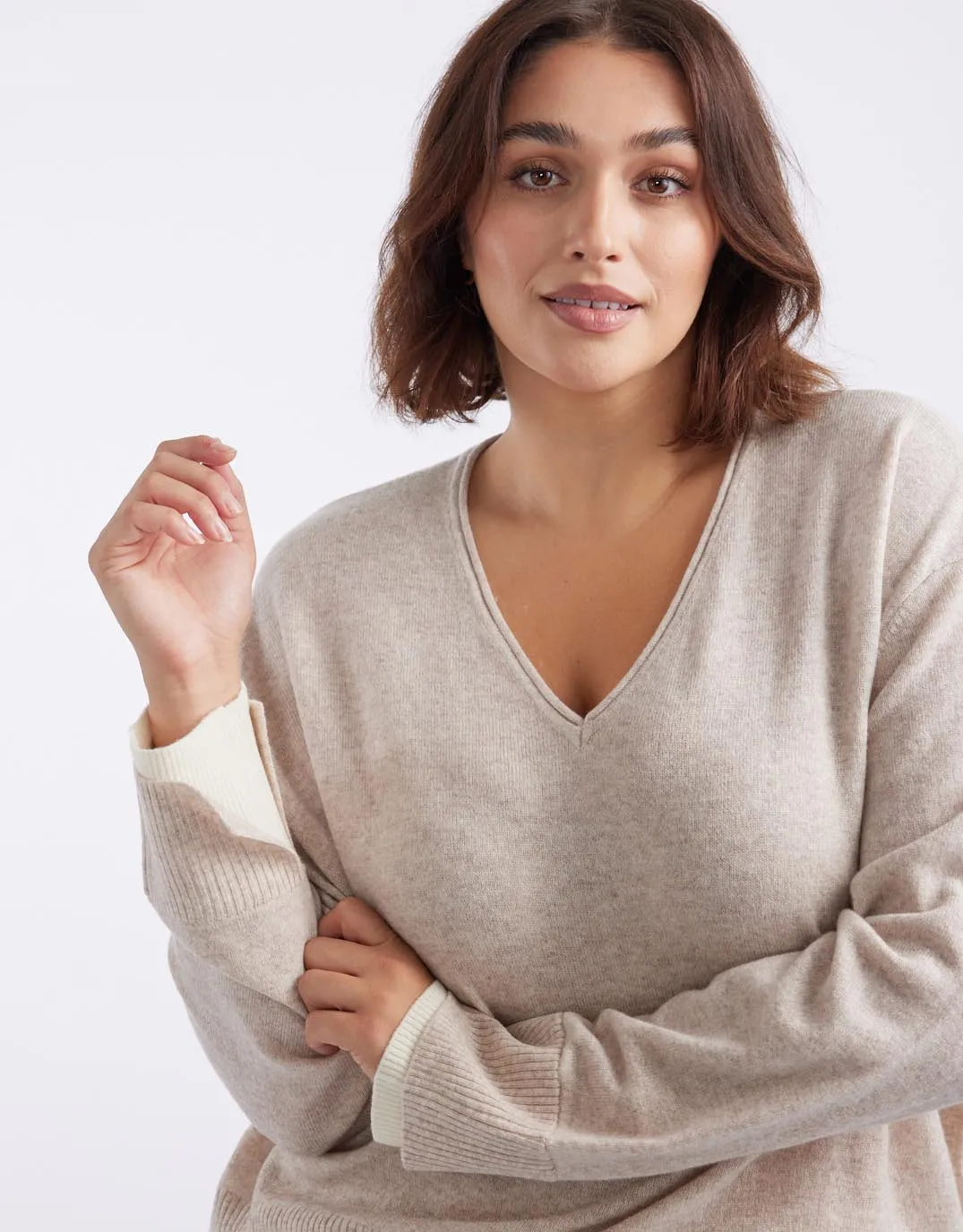 Upstate Wool Cashmere Double Cuff Knit Jumper - Oat/White