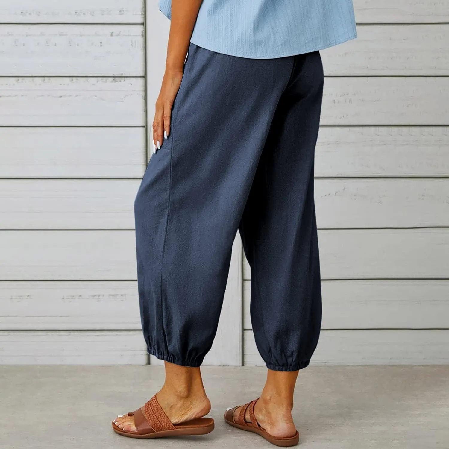 utcoco Women's Cotton Linen Harem Pants High Waist Drawstring Trousers Casual Loose Button Cropped Pants