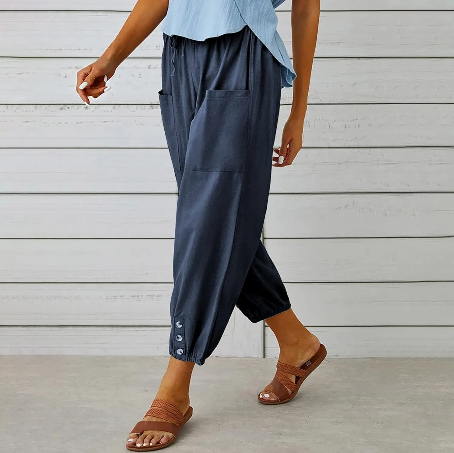 utcoco Women's Cotton Linen Harem Pants High Waist Drawstring Trousers Casual Loose Button Cropped Pants