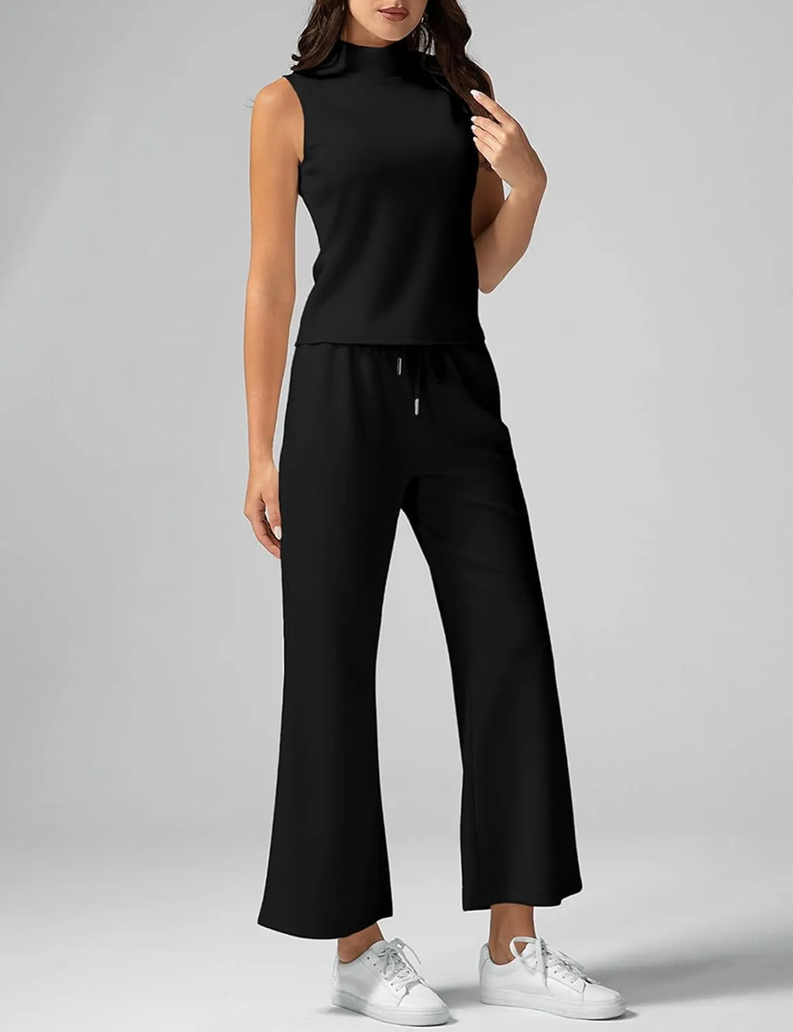 VECVOC Women's Summer 2 Piece Outfits Mock Neck Tank Top Cropped Wide Leg Pants Lounge Sets Tracksuit With Pocket
