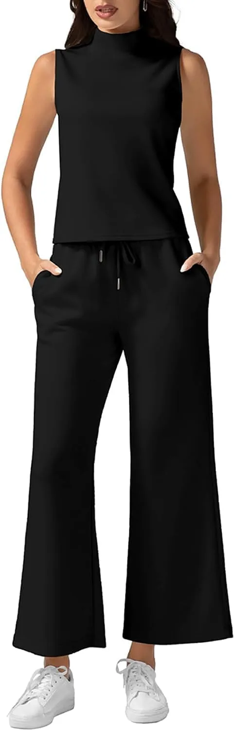 VECVOC Women's Summer 2 Piece Outfits Mock Neck Tank Top Cropped Wide Leg Pants Lounge Sets Tracksuit With Pocket