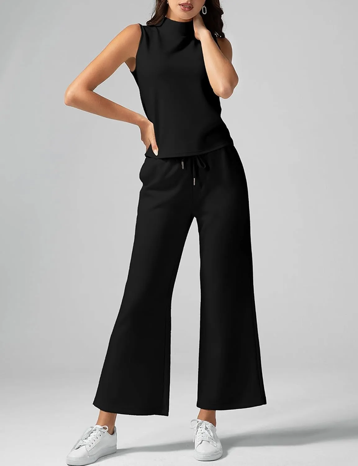 VECVOC Women's Summer 2 Piece Outfits Mock Neck Tank Top Cropped Wide Leg Pants Lounge Sets Tracksuit With Pocket