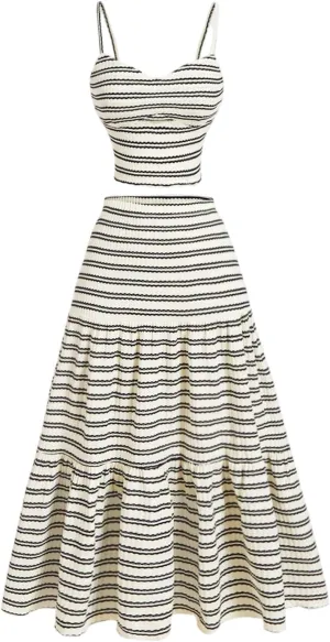 Verdusa Women's 2 Piece Striped Outfits Backless Crop Camisole Tops with Tiered Midi Skirt Vacation Set