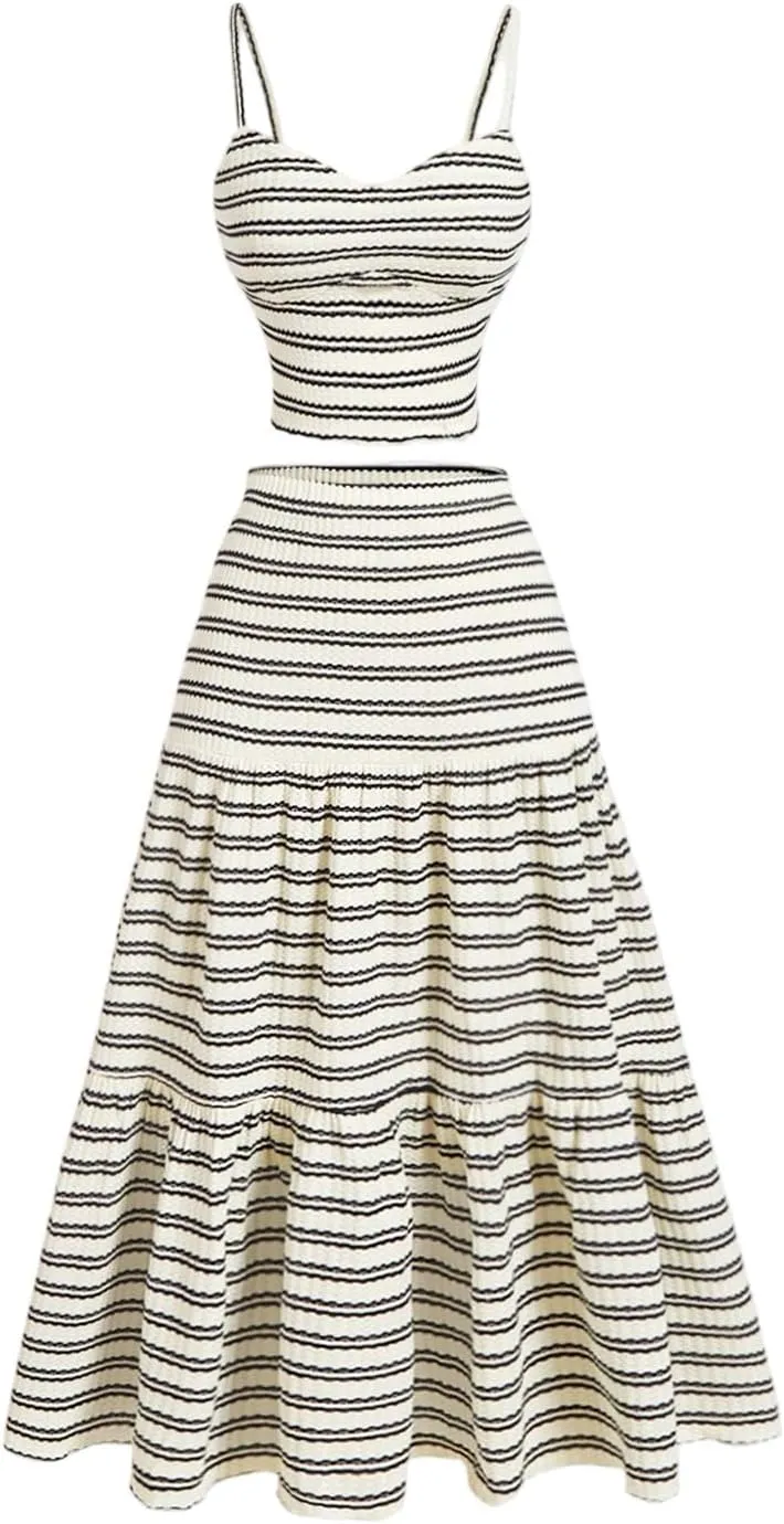 Verdusa Women's 2 Piece Striped Outfits Backless Crop Camisole Tops with Tiered Midi Skirt Vacation Set