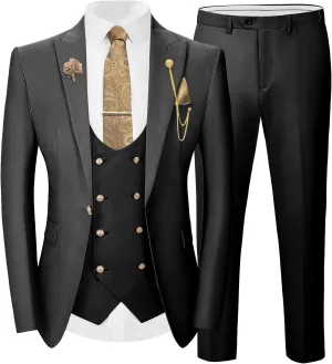 Wangyue 3 Pieces Suits for Men Slim Fit Gold Button Double Breasted Suit Tuxedos Wedding Prom Suit Blazer Vest Pants Set