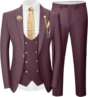 Wangyue 3 Pieces Suits for Men Slim Fit Gold Button Double Breasted Suit Tuxedos Wedding Prom Suit Blazer Vest Pants Set