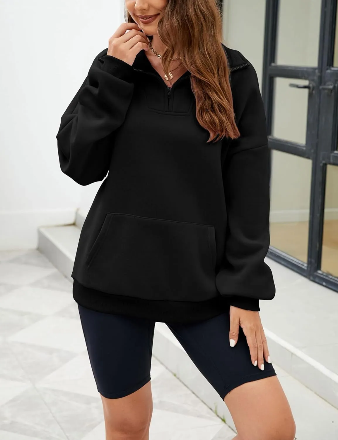 Wanzetaly Womens Oversized Half Zipper Stand Collar Hooded Sweatshirts Crop Hoodie Fleece Pullover Tops with Pocket