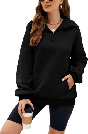 Wanzetaly Womens Oversized Half Zipper Stand Collar Hooded Sweatshirts Crop Hoodie Fleece Pullover Tops with Pocket