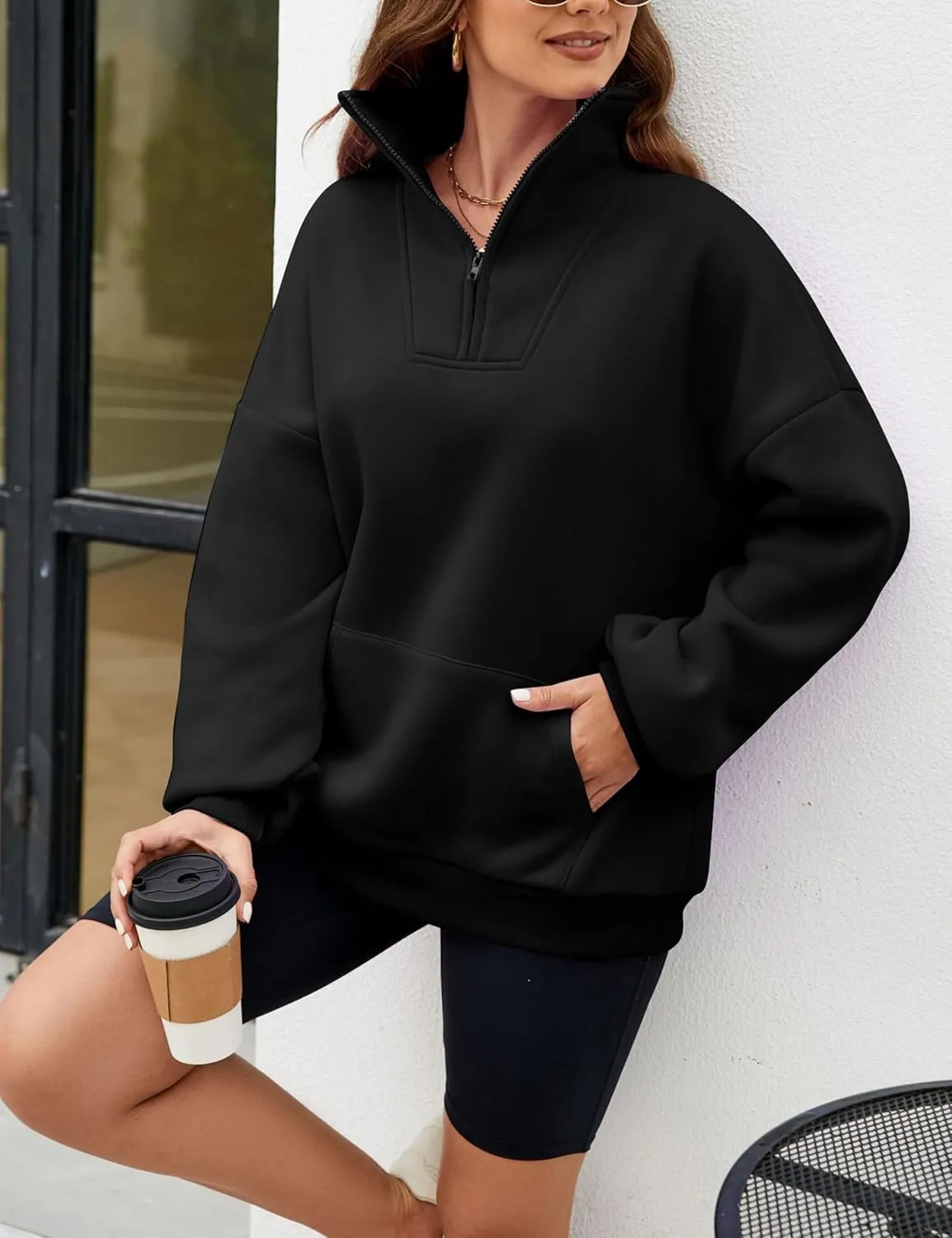 Wanzetaly Womens Oversized Half Zipper Stand Collar Hooded Sweatshirts Crop Hoodie Fleece Pullover Tops with Pocket