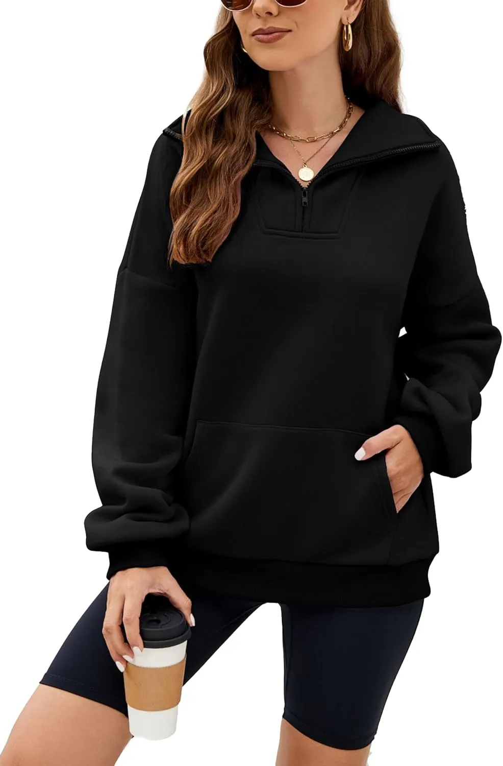 Wanzetaly Womens Oversized Half Zipper Stand Collar Hooded Sweatshirts Crop Hoodie Fleece Pullover Tops with Pocket