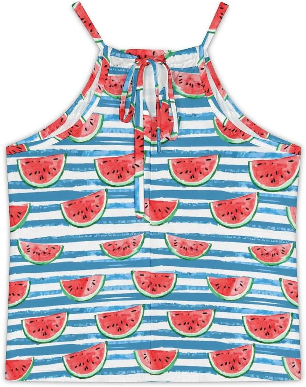 Watercolor Watermelon on Blue Stripes Women's Tank Top Sleeveless Spaghetti Straps Tie Back Print T-shirt Tops