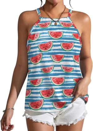 Watercolor Watermelon on Blue Stripes Women's Tank Top Sleeveless Spaghetti Straps Tie Back Print T-shirt Tops