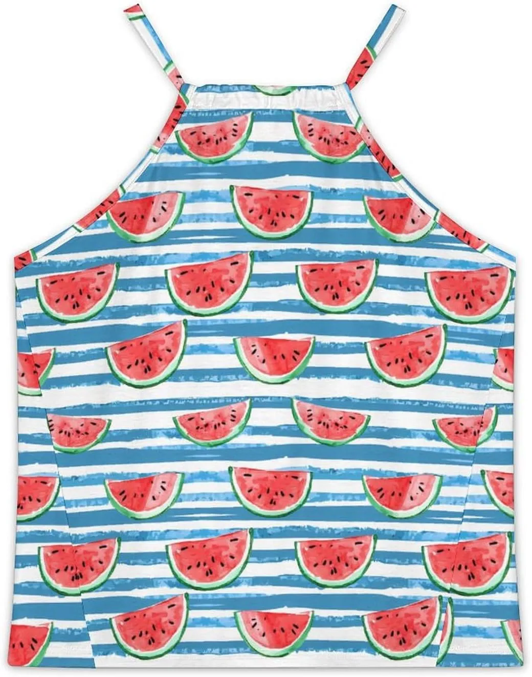 Watercolor Watermelon on Blue Stripes Women's Tank Top Sleeveless Spaghetti Straps Tie Back Print T-shirt Tops