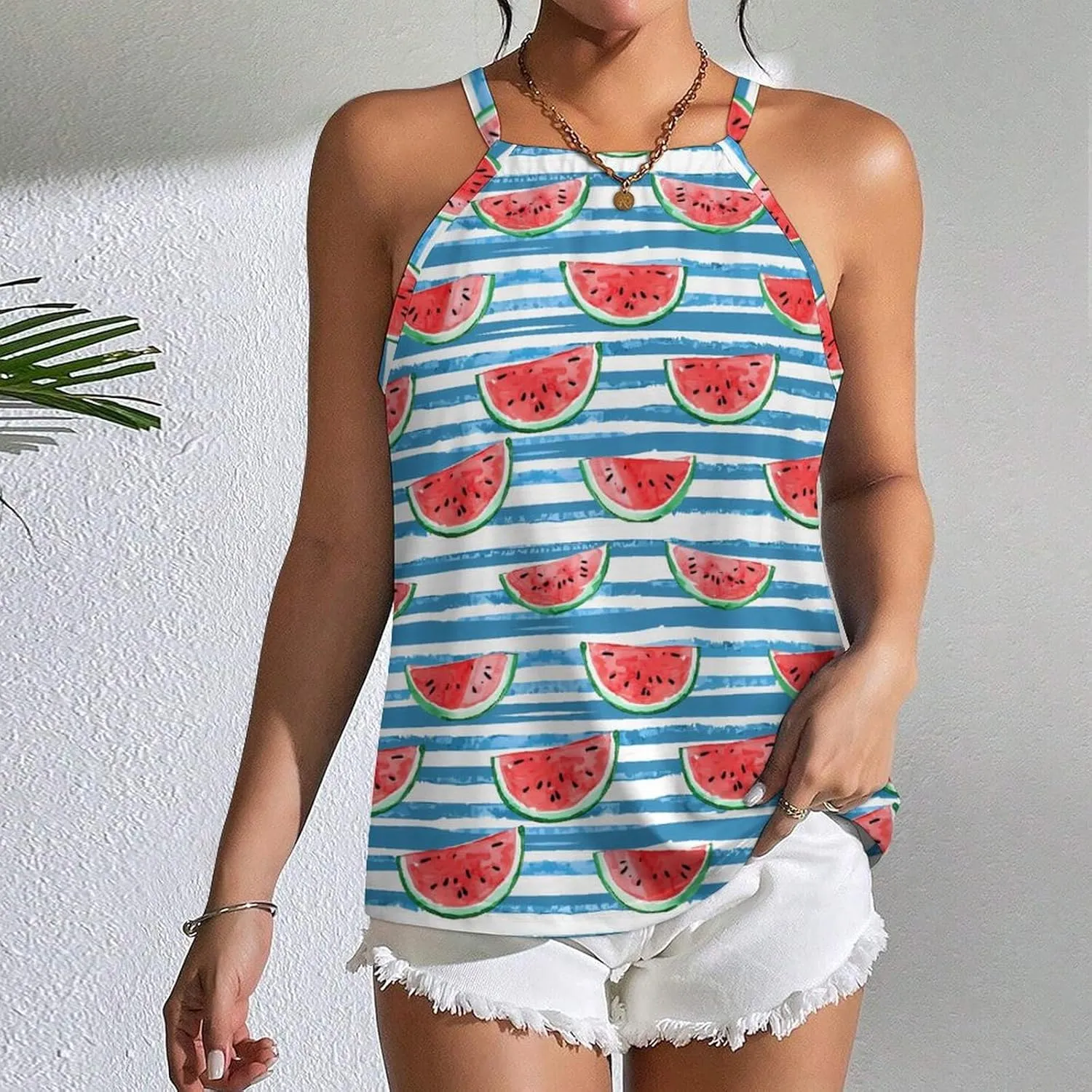 Watercolor Watermelon on Blue Stripes Women's Tank Top Sleeveless Spaghetti Straps Tie Back Print T-shirt Tops