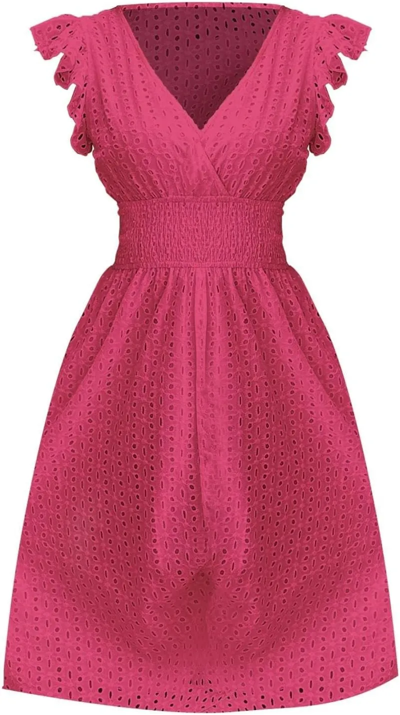Wedding Guest Dress, Womens Sundresses Vacation Flowy Summer Midi Casual Dresses for Women Ruffle Sleeve Semi Formal