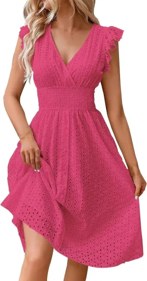 Wedding Guest Dress, Womens Sundresses Vacation Flowy Summer Midi Casual Dresses for Women Ruffle Sleeve Semi Formal