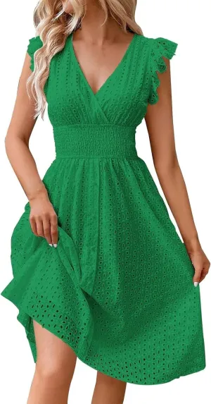 Wedding Guest Dress, Womens Sundresses Vacation Flowy Summer Midi Casual Dresses for Women Ruffle Sleeve Semi Formal
