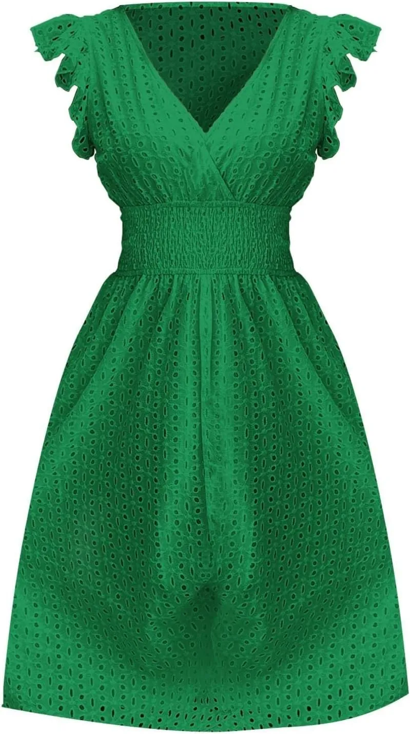 Wedding Guest Dress, Womens Sundresses Vacation Flowy Summer Midi Casual Dresses for Women Ruffle Sleeve Semi Formal