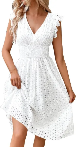 Wedding Guest Dress, Womens Sundresses Vacation Flowy Summer Midi Casual Dresses for Women Ruffle Sleeve Semi Formal