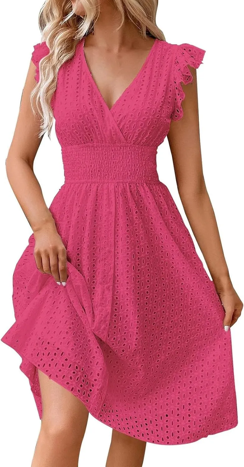 Wedding Guest Dress, Womens Sundresses Vacation Flowy Summer Midi Casual Dresses for Women Ruffle Sleeve Semi Formal