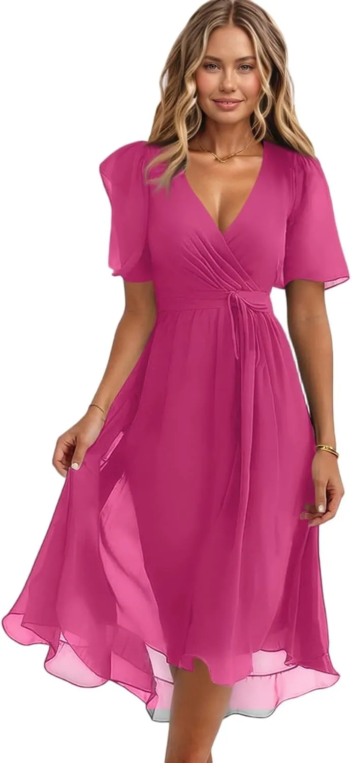 Wedding Guest Dress,Prom Cocktail Summer Sexy Dresses for Women Wrap Flowy Chiffon Womens Midi Dress