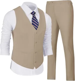 Wehilion Men's Suits 2 Pieces, Vest Pants Set for Men, V-Neck Slim Fit Casual Suit Waistcoat