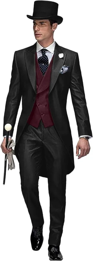 Wemaliyzd Men's 3 Piece Wedding Suit Tailcoat Tuxedo Long Tail Collar Vest Pants