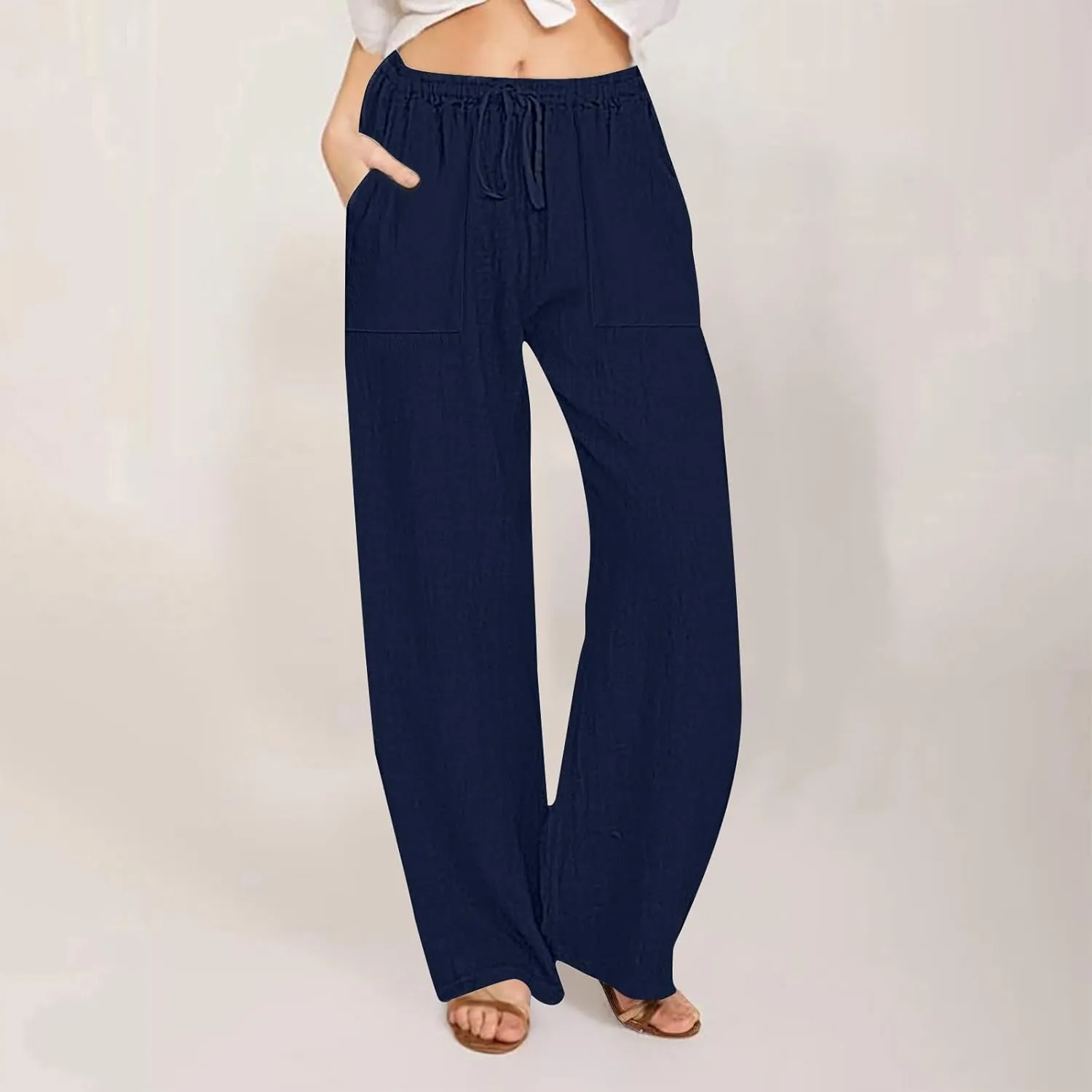 Wide Leg Linen Pants Women Summer Elastic High Waisted Lounge Pants Beach Trouser with Pockets Casual Slacks Clothes