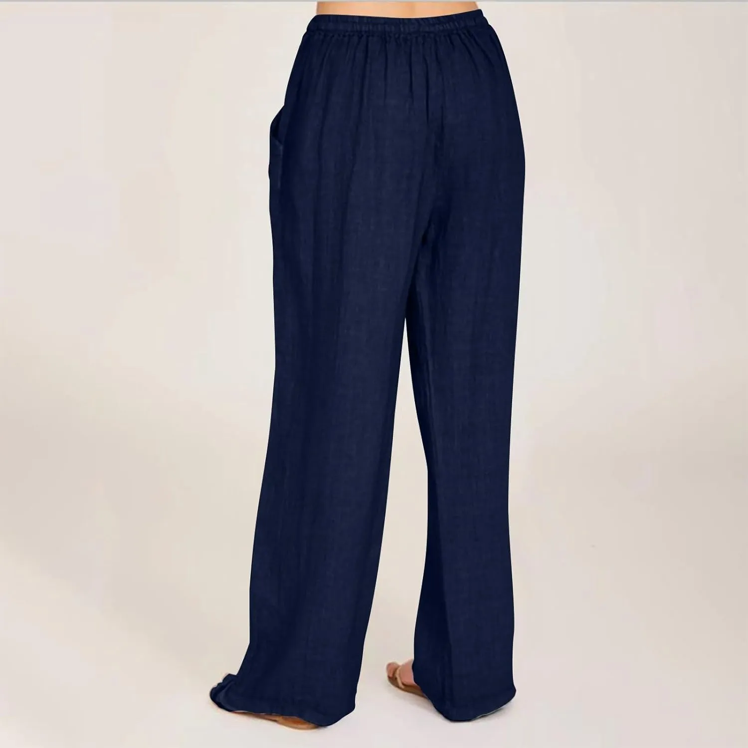 Wide Leg Linen Pants Women Summer Elastic High Waisted Lounge Pants Beach Trouser with Pockets Casual Slacks Clothes