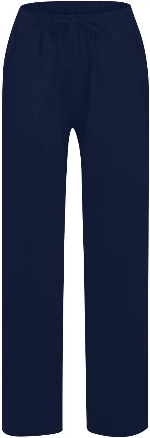 Wide Leg Linen Pants Women Summer Elastic High Waisted Lounge Pants Beach Trouser with Pockets Casual Slacks Clothes
