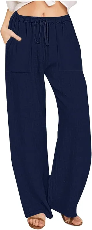 Wide Leg Linen Pants Women Summer Elastic High Waisted Lounge Pants Beach Trouser with Pockets Casual Slacks Clothes