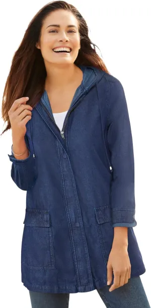 Woman Within Plus Size Lightweight Hooded Jacket Long Oversized Coat