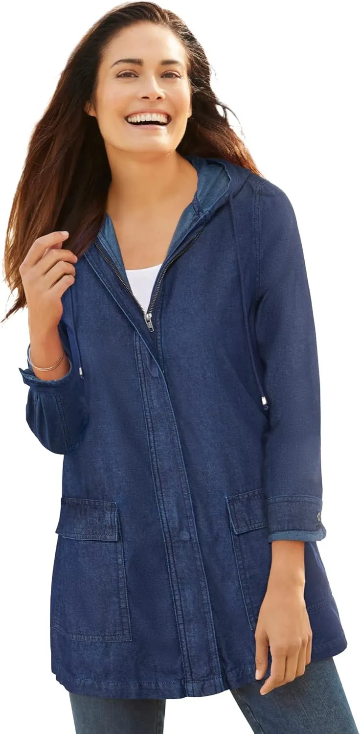 Woman Within Plus Size Lightweight Hooded Jacket Long Oversized Coat