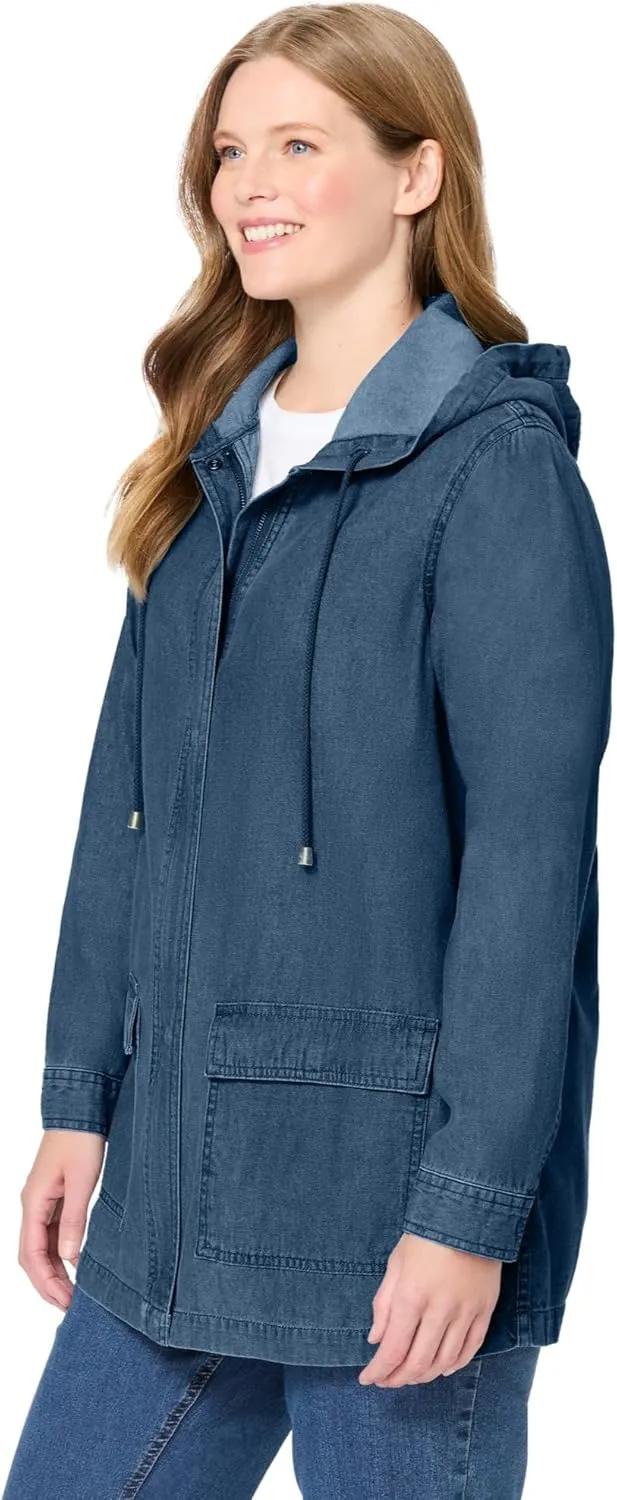 Woman Within Plus Size Lightweight Hooded Jacket Long Oversized Coat