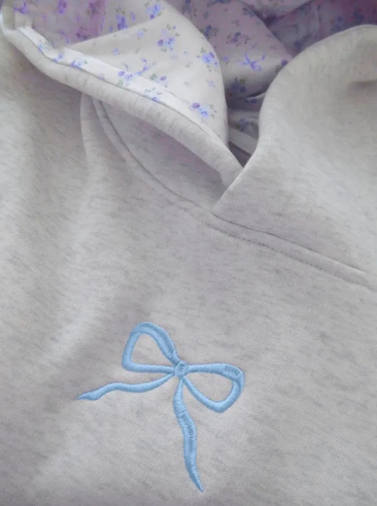 Women Bow Embroidery Hoodie Teen Girls Cute Graphic Hooded Loose Preppy Y2K Long Sleeve Pullover Hoodie Tops