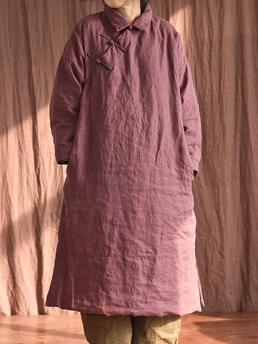 Women Chinese Vintage Frog Solid Split Hem Linen Robe Coat