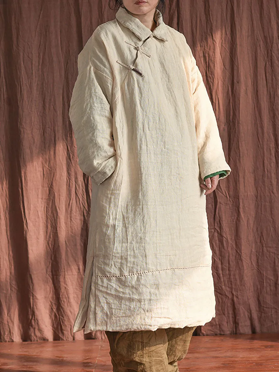 Women Chinese Vintage Frog Solid Split Hem Linen Robe Coat