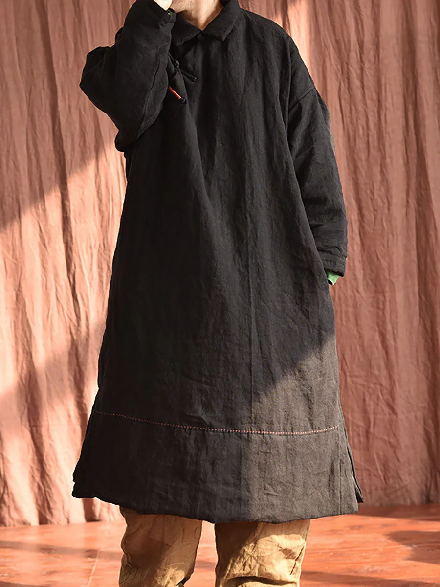 Women Chinese Vintage Frog Solid Split Hem Linen Robe Coat