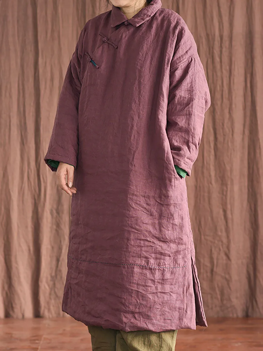 Women Chinese Vintage Frog Solid Split Hem Linen Robe Coat