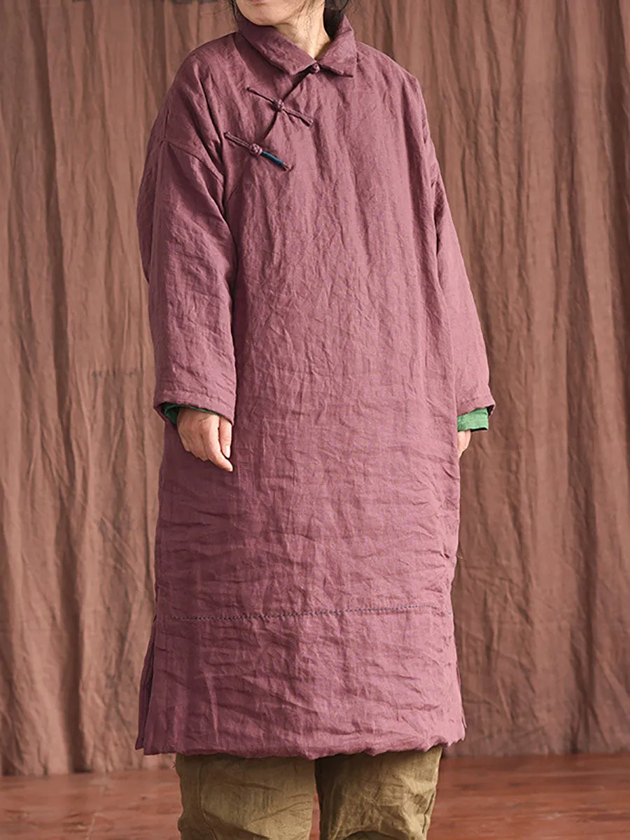 Women Chinese Vintage Frog Solid Split Hem Linen Robe Coat