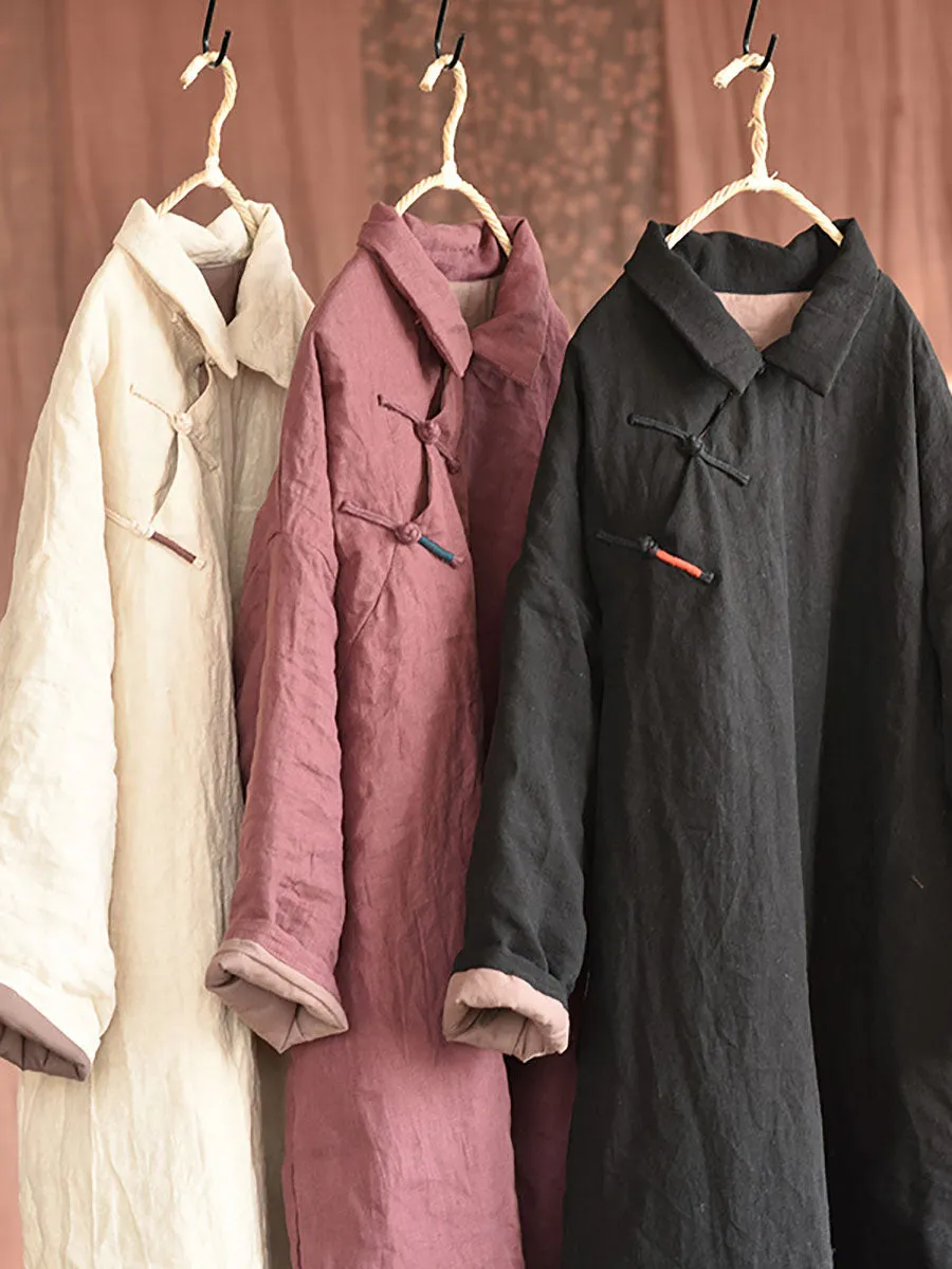 Women Chinese Vintage Frog Solid Split Hem Linen Robe Coat